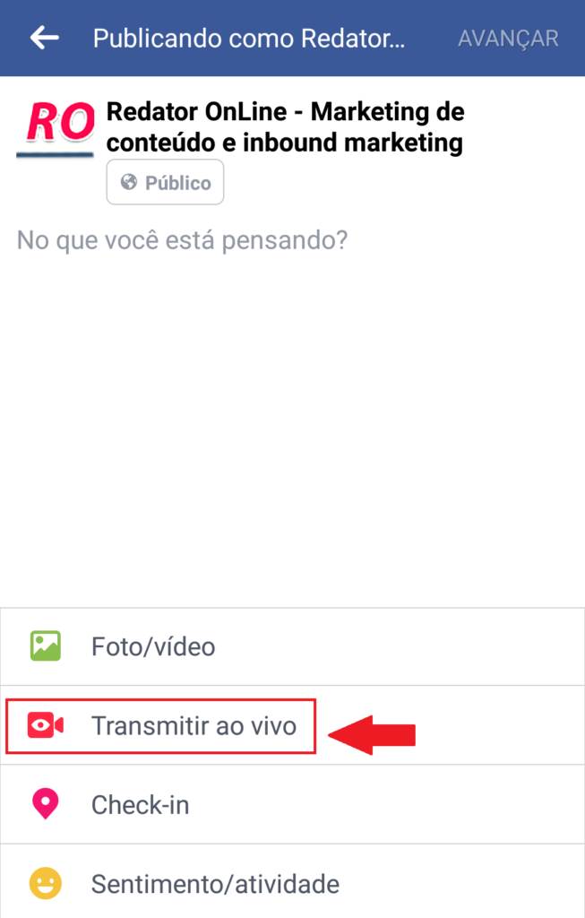 passo 3 transmitir ao vivo